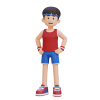 3d desportista personagem exibindo uma saudável estilo de vida com mão em quadril pose png