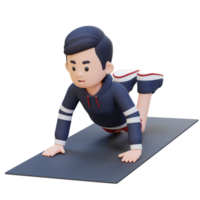 3d deportivo masculino personaje dominar rodilla empujar arriba ejercicio a hogar gimnasio png