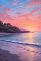 A tranquil beach scene at twilight, with soft pastel colors painting the sky and the gentle sound of waves lapping against the shore. AI generative photo