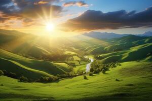 The sun rises over a hillside with grassy fields and an area with a hill. AI generative photo