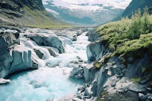 a hill and off a waterfall in summer with snow on the ground. AI generative photo