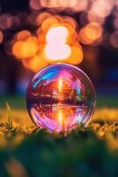 realistic colorful soap bubble in the morning sun. AI generative photo