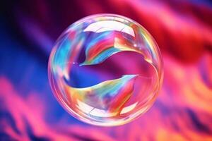 Iridescent soap bubble on multicolored background. AI generative photo