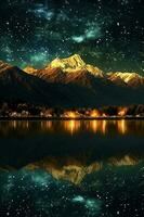 Golden fantasy starry sky at night, towering mountains, clear sparkling lake surface. AI generative photo