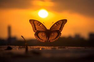 One butterfly stands silhouetted against a yellow sunset. photo