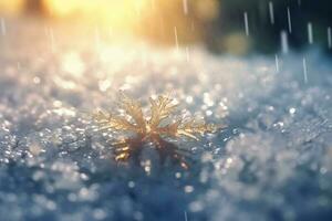 Macro photo of snow flakes falling, blurred background, hyper real, very detailed, sunbeams, 8k. AI generative