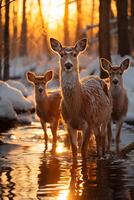 Stunning photography of a herd of deer in frozen forest. AI generative photo