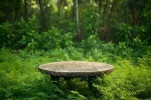 Empty wooden table in nature. AI generative photo