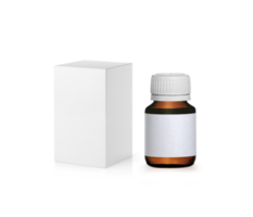 Brown medicine bottle with label and blank packaging white cardboard box, transparent background png