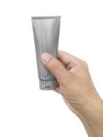 Hand holding Cosmetic plastic tube, transparent background png