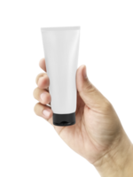 Hand holding Cosmetic plastic tube, transparent background png