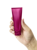 Hand holding Cosmetic plastic tube, transparent background png