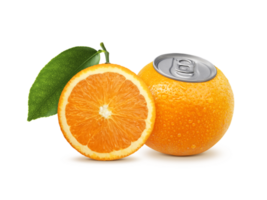 Fresh orange juice canned concept image and orange slice,  transparent background png