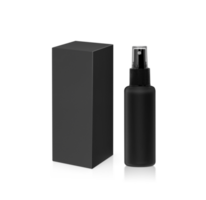 Plastic spray bottles and blank packaging black cardboard box for packaging design. transparent background png