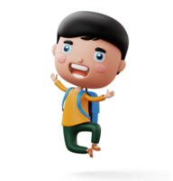 Happy child with bag, cute boy cartoon character, 3d rendering png