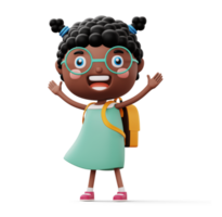 gelukkig kind met tas, schattig meisje tekenfilm karakter, 3d renderen png