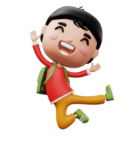 Happy child with bag, cute boy cartoon character, 3d rendering png