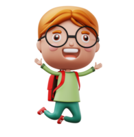 Happy child with bag, cute boy cartoon character, 3d rendering png