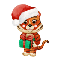 Happy animal character with Christmas hat , cute animal watercolor png