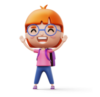 Happy child with bag, cute girl cartoon character, 3d rendering png