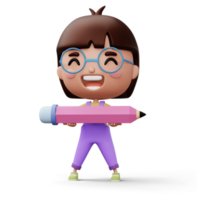 Happy child with pencil, cute girl cartoon character, 3d rendering png