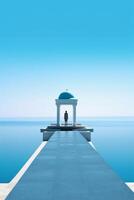 Design a captivating graphic that combines the majestic beauty of Greek architecture with the endless allure of the ocean. photo