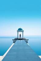 Design a captivating graphic that combines the majestic beauty of Greek architecture with the endless allure of the ocean. AI generative photo