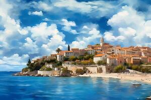 Painting of coastal town. AI generative photo