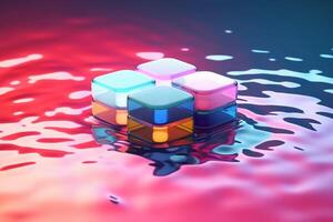 3d render, abstract geometric background. Colorful iridescent panels joined to white rocks levitate above the water. AI generative photo