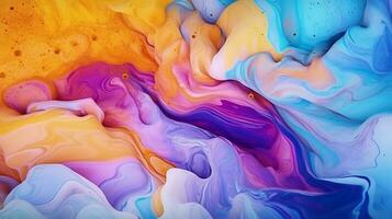 Colorful violet, orange, and blue marble splash ink create an abstract texture background, generated by AI. photo