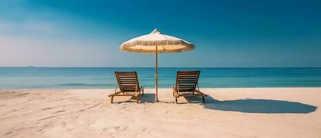 verano sillas y paraguas son conjunto arriba en un tropical playa con un fondo de azul cielo y mar. generativo ai foto
