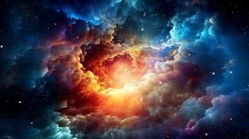 Vibrant celestial nebula of cosmic hues. Twinkling nocturnal cosmos adorned with galaxies. The wonders of science and astronomy in the vast universe. photo