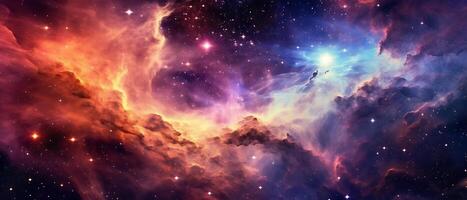 Vibrant celestial nebula of cosmic hues. Twinkling nocturnal cosmos adorned with galaxies. The wonders of science and astronomy in the vast universe. photo