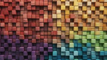 un espectro de apilado, multicolor de madera bloques, Proporcionar un antecedentes o cubrir para alguna cosa creativo, diverso, en expansión, creciente, o creciente. generado por ai. foto