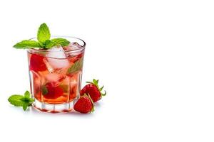 Fresh strawberry cocktail. Fresh summer cocktail with strawberry and ice cubes. Glass of strawberry soda drink on a white background with copy space. Generate AI photo