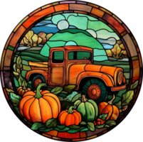 Fantasy Stained Glass Art Vintage Pumpkins Illustration Clipart. png