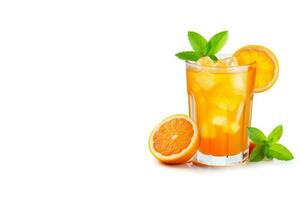 Glass of fresh orange juice and orange slices isolated on white background with copy space. Generate AI photo