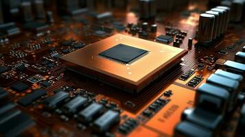 ilustración de un circuito ciberespacio tablero con un macro disparo, exhibiendo computadora tarjeta madre componentes y microchips con intrincado chip estructura. foto