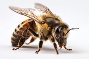 Portrait of a Honey Bee shot, close-up, isolated on black background. photo