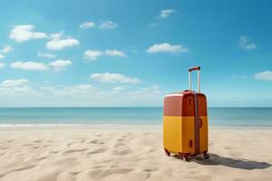 Orange suitcase on beach Travel and vacation concept photo