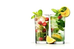 Glasses of fruit drinks with ice cubes, mojito cocktails with strawberry and lime fruits, and a refreshing summer drink. Generate AI photo