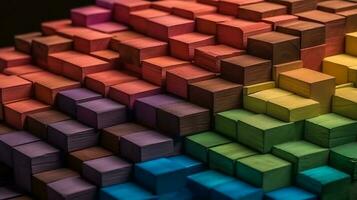 A spectrum of stacked, multi-colored wooden blocks, providing a background or cover for something creative, diverse, expanding, rising, or growing. generated by AI. photo