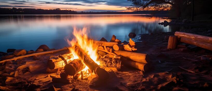 Experience a glowing campfire by the lake, with a stunning sunset and the warmth of open flames, fire, and logs. Enjoy beach camping at night amidst the serene lake landscape. photo