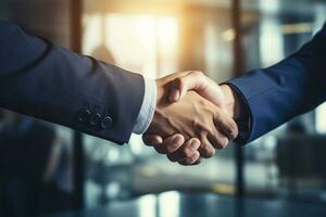 Celebrating Successful Business Partnerships, Firm Handshakes in the Bustling Corporate World photo