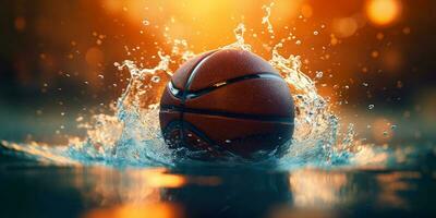 The basketball is in an enclosed splash and being sprayed with water in the background. photo