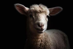 Portrait of a lamb face shot, close-up, isolated on black background. photo