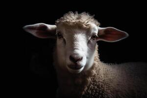 Portrait of a lamb face shot, close-up, isolated on black background. photo