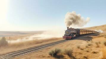 a train traveling through a desert under a blue sky with white fluffy puffy clouds in the distance with a dirt road in the foreground photo