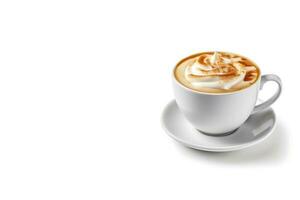 Cup of coffee latte or cappuccino isolated on white background with copy space. Generate AI photo