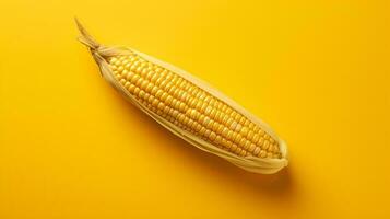 A single ear of corn on a pastel yellow background. photo